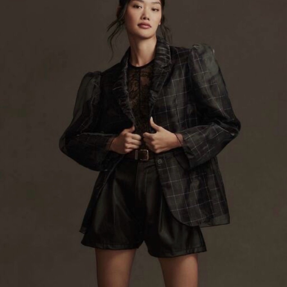 Anthropologie Black Plaid Puff-Sleeve Blazer NWOT. Sheer overlay. Beautiful!